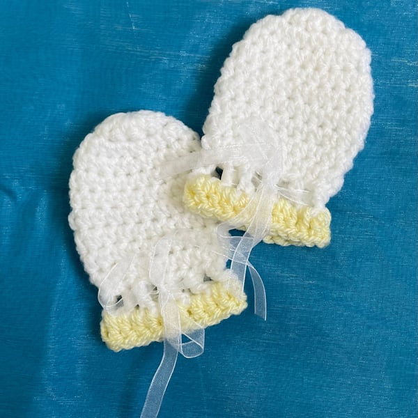 Crocheted White and Lemon Baby Mittens Hand Warmers