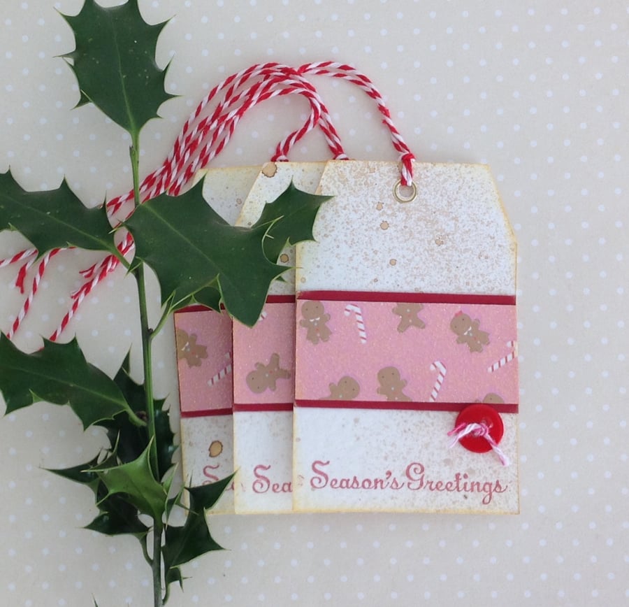 CHRISTMAS GIFT TAGS . Large .( set of 3)  Rustic. Gingerbread Men , Candy Canes