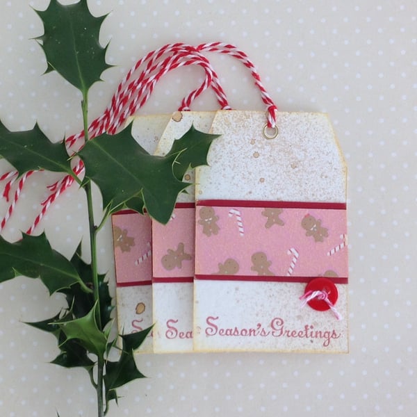 CHRISTMAS GIFT TAGS . Large .( set of 3)  Rustic. Gingerbread Men , Candy Canes
