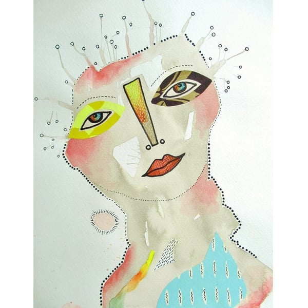 Pale Portrait Painting Pale Colour Whimsical Watercolour Collage Figurative Art