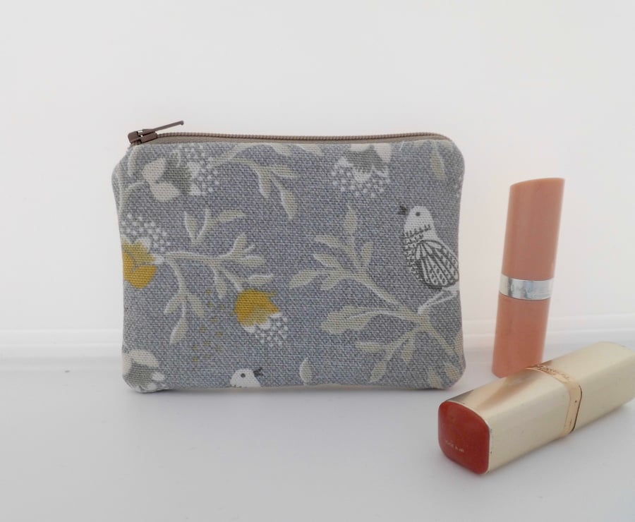 Coin purse in grey bird print fabric