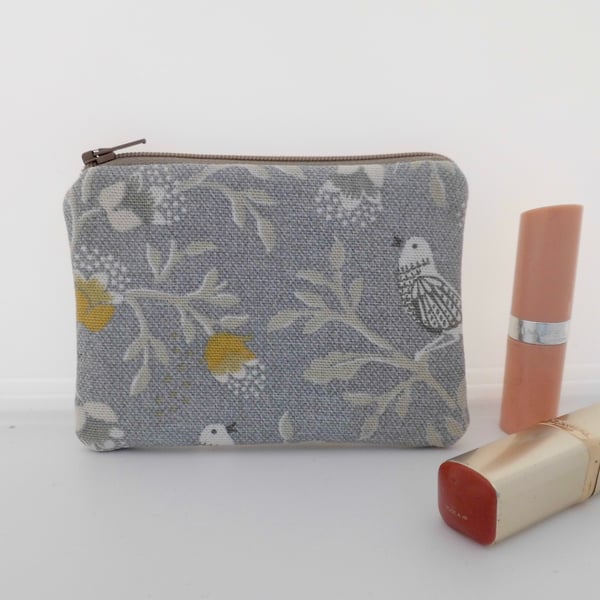 Coin purse in grey bird print fabric