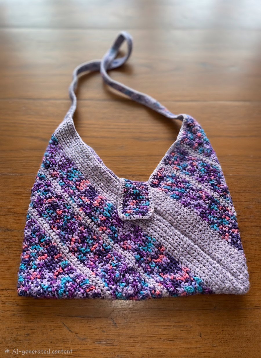 Handmade Crochet shoulder bag made from multicoloured purple wool.