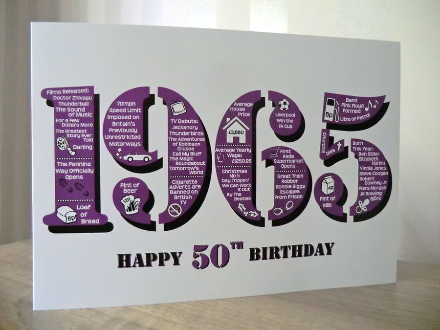 Happy 50th Birthday Card - Born In 1965 British Facts A5 Female Purple Greetings
