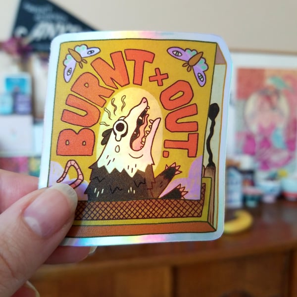 Burn Out - screaming possum matchbox sticker, neurodivergent mental health