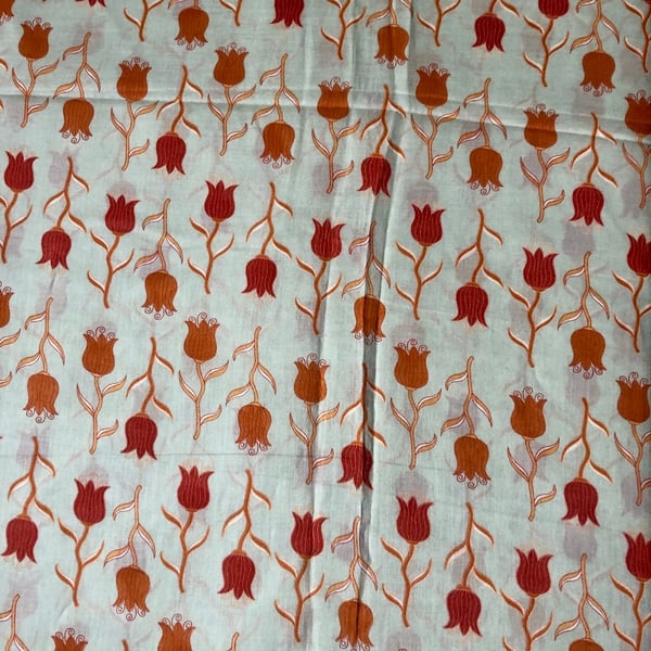 1.6 m Japanese Cotton Fabric - Pale Green, Orange Flowers