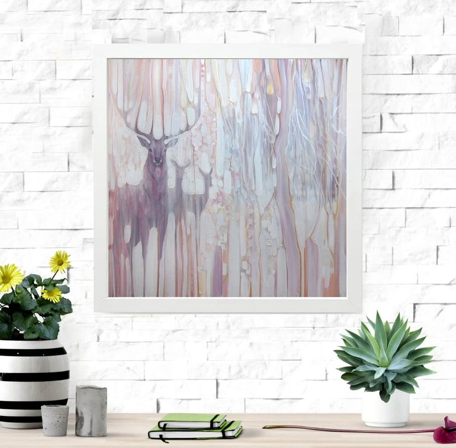 Spirit Guides is a framed canvas print of stag and deer in abstract woodland