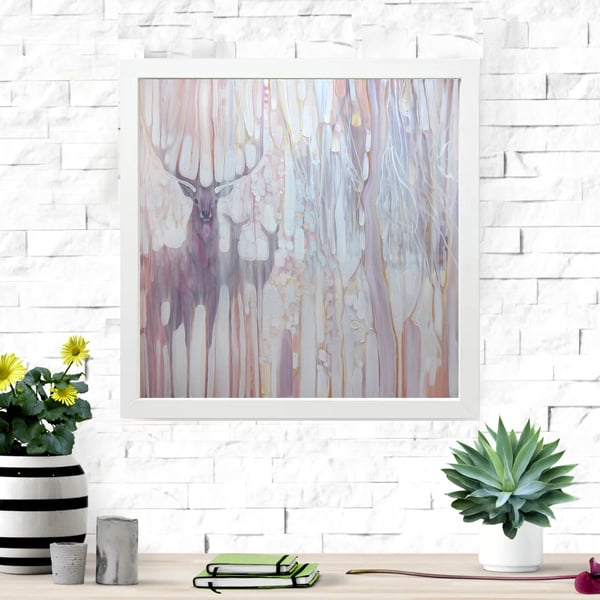 Spirit Guides is a framed canvas print of stag and deer in abstract woodland