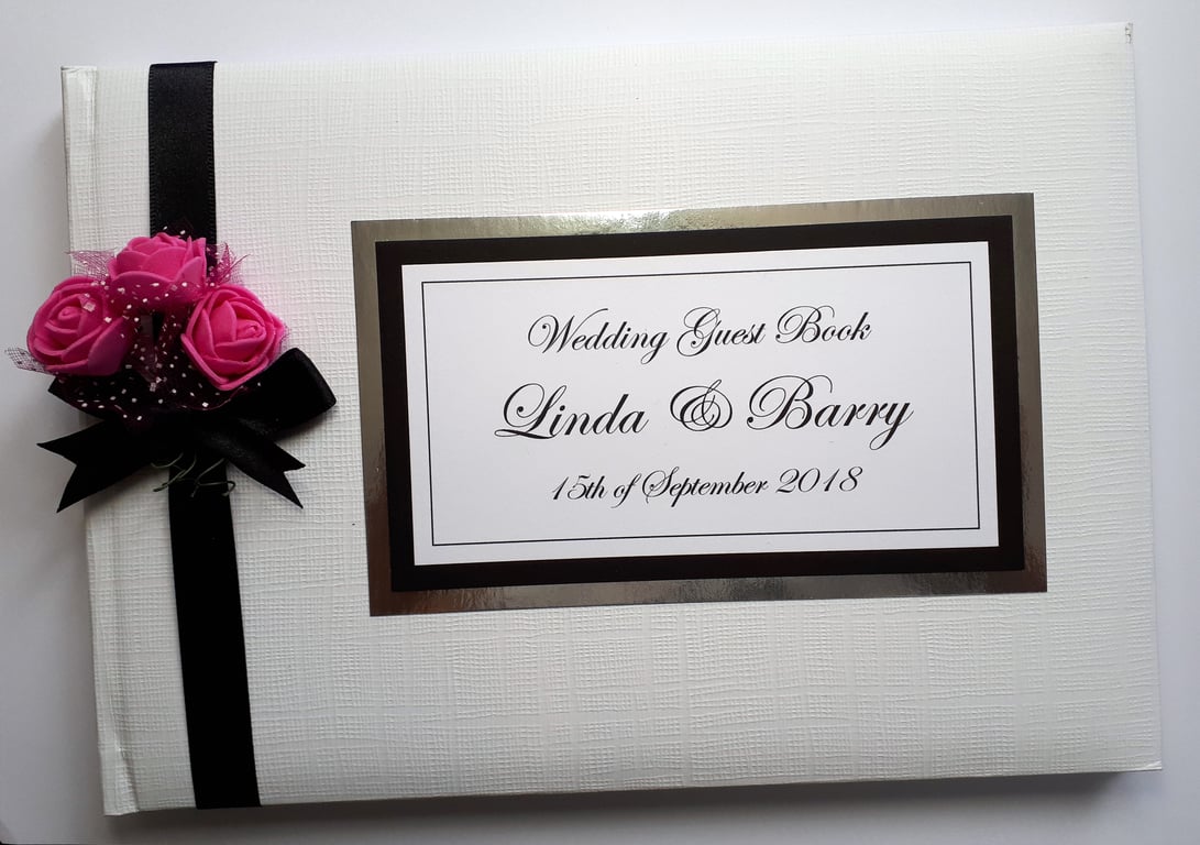 Wedding guest book with roses, black, white and pink wedding guest book