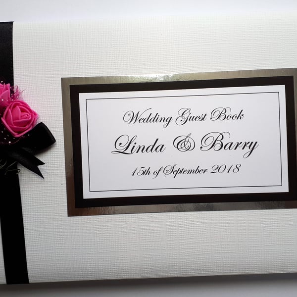 Wedding guest book with roses, black, white and pink wedding guest book