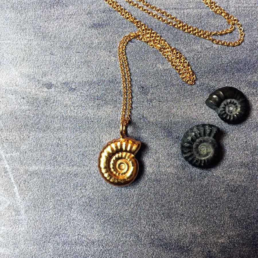 Gold Vermeil ammonite necklace - gold plated fossil pendant