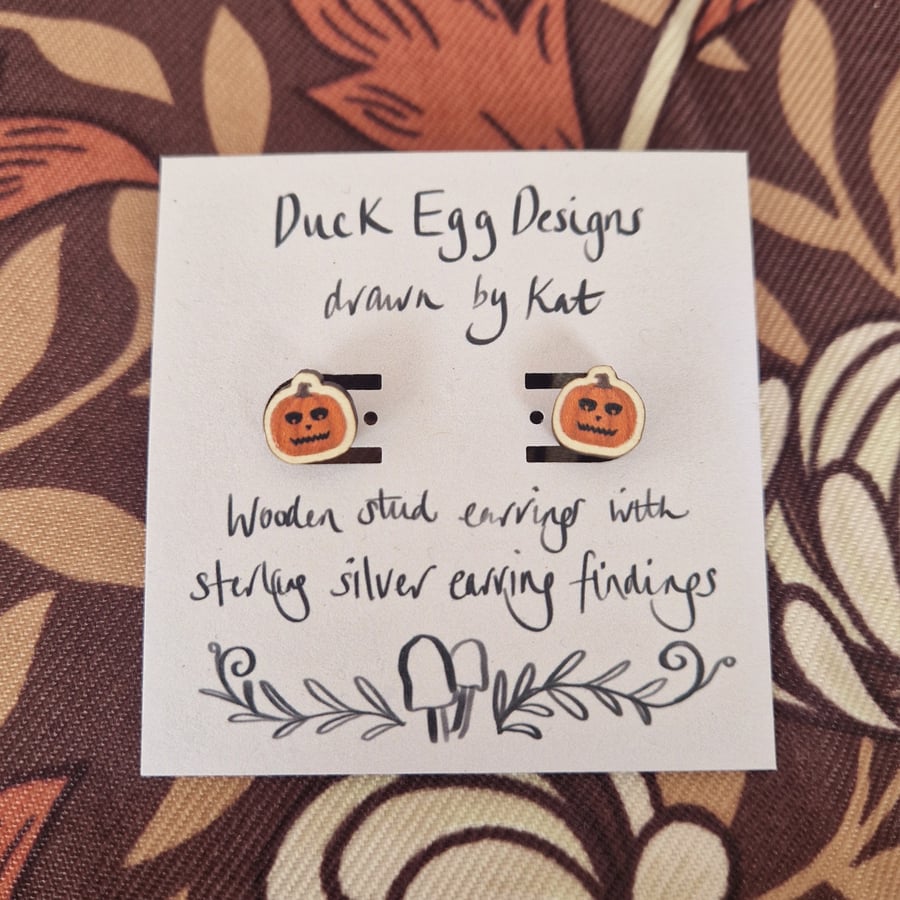 Carved Pumpkin Wooden Stud Earrings