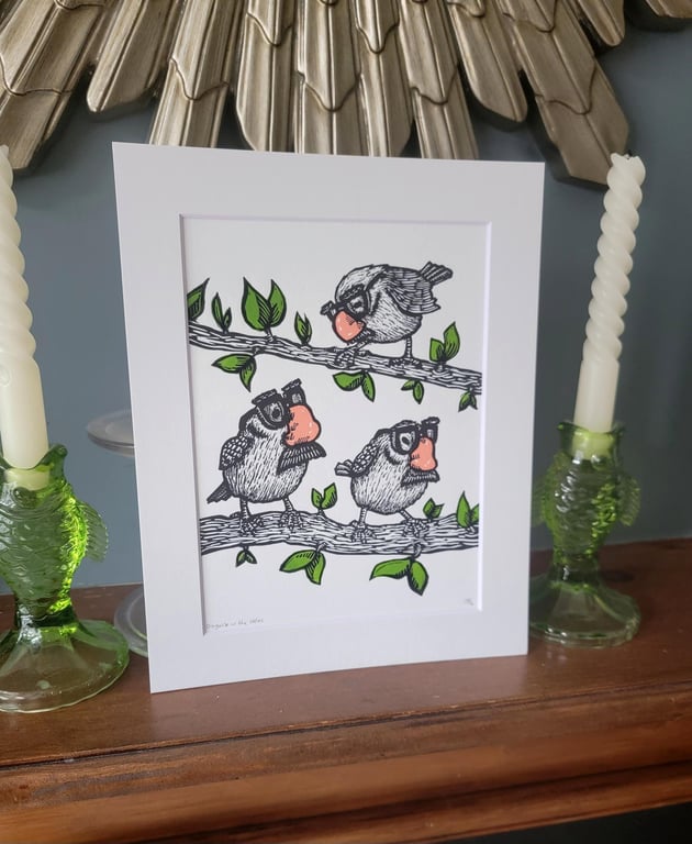 Sparrows in disguise - handmade original linocut bird art print