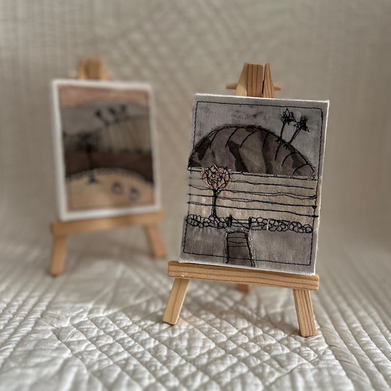 Miniature Tea Dyed Free Motion Embroidered Landscape on Easel 