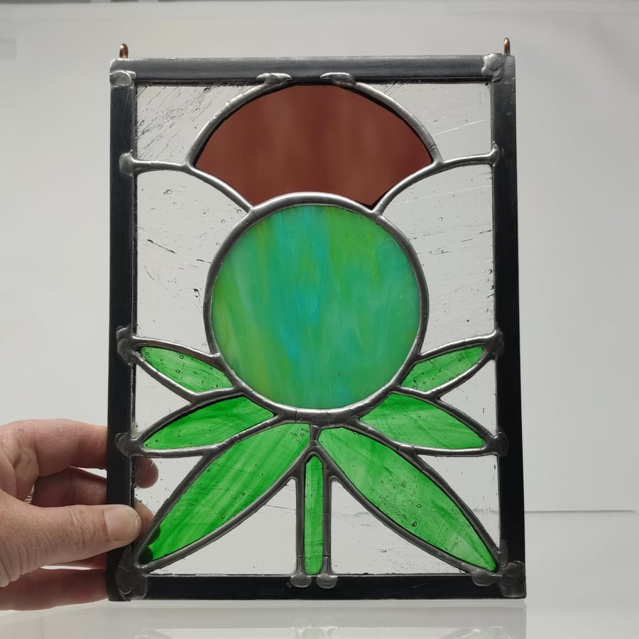 SOLD Stained glass green and purple thistle copperfoil and lead panel