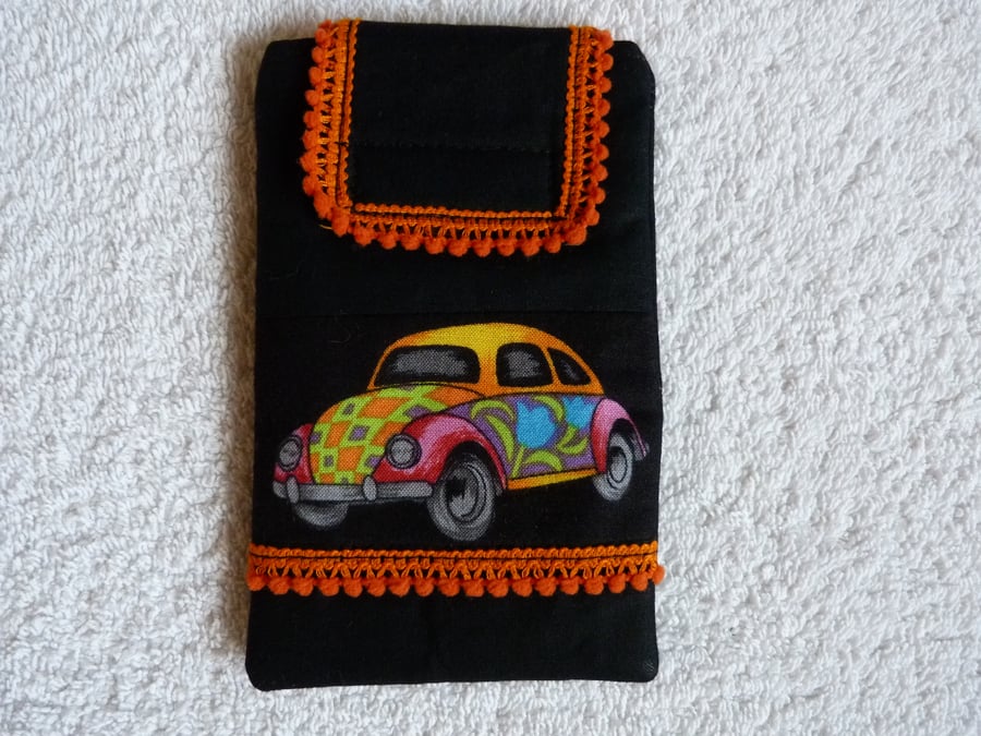 Mobile Phone Cover In Black VW Beetle Fabric . Suitable for larger sized Phones.