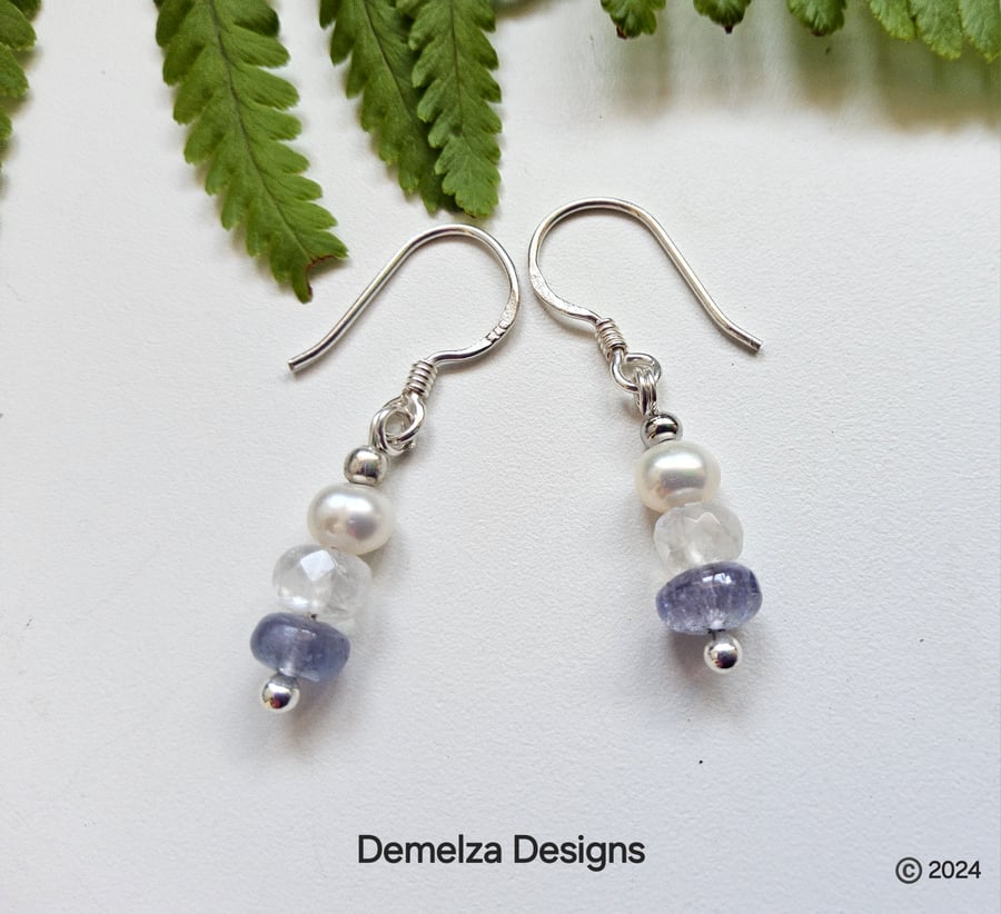 Tiny Dainty Tanzanite, Moonstone & Freshwater Pearl Sterling Silver Earrings