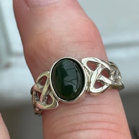 Celtic knot silver ring with bezel set jade cabochon