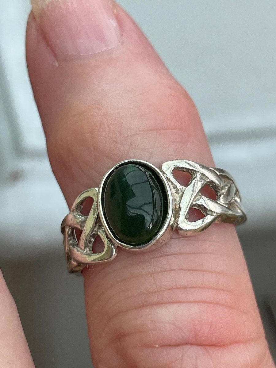 Celtic knot silver ring with bezel set jade cabochon