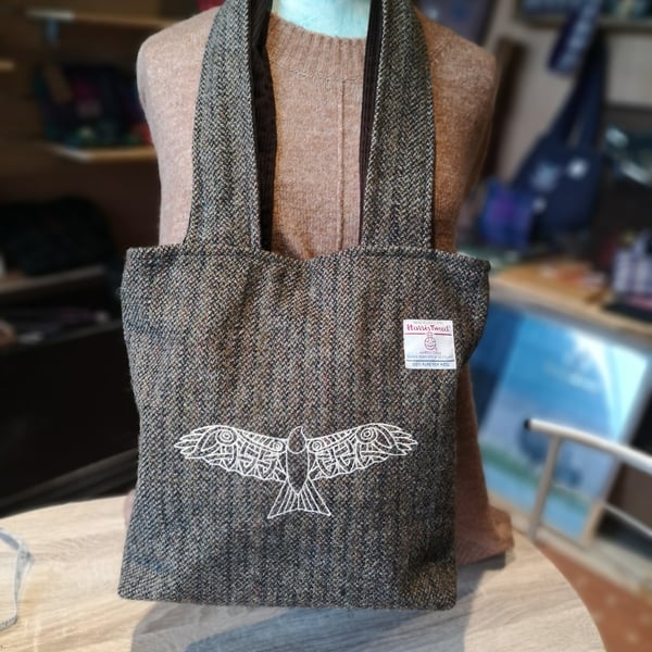 Harris Tweed Shopper bag with Embroidered hawk