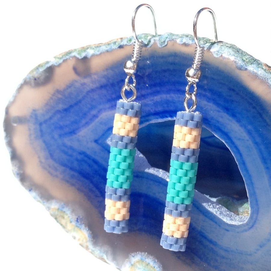 Peyote Tube Earrings In Blue, Cream And Green