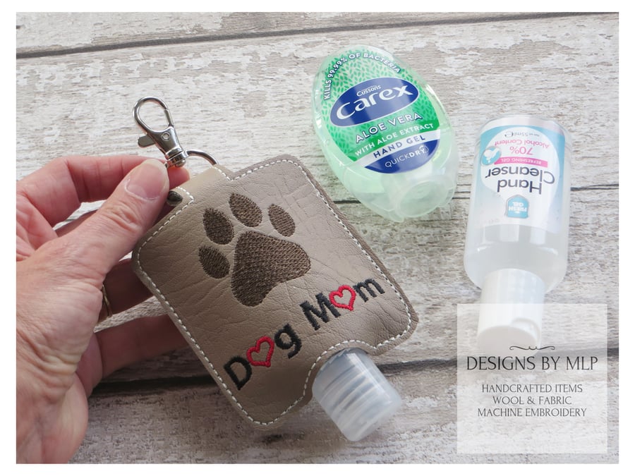 Dog Mom Hand Sanitiser Holder, Machine Embroidered Case with Lobster Clasp