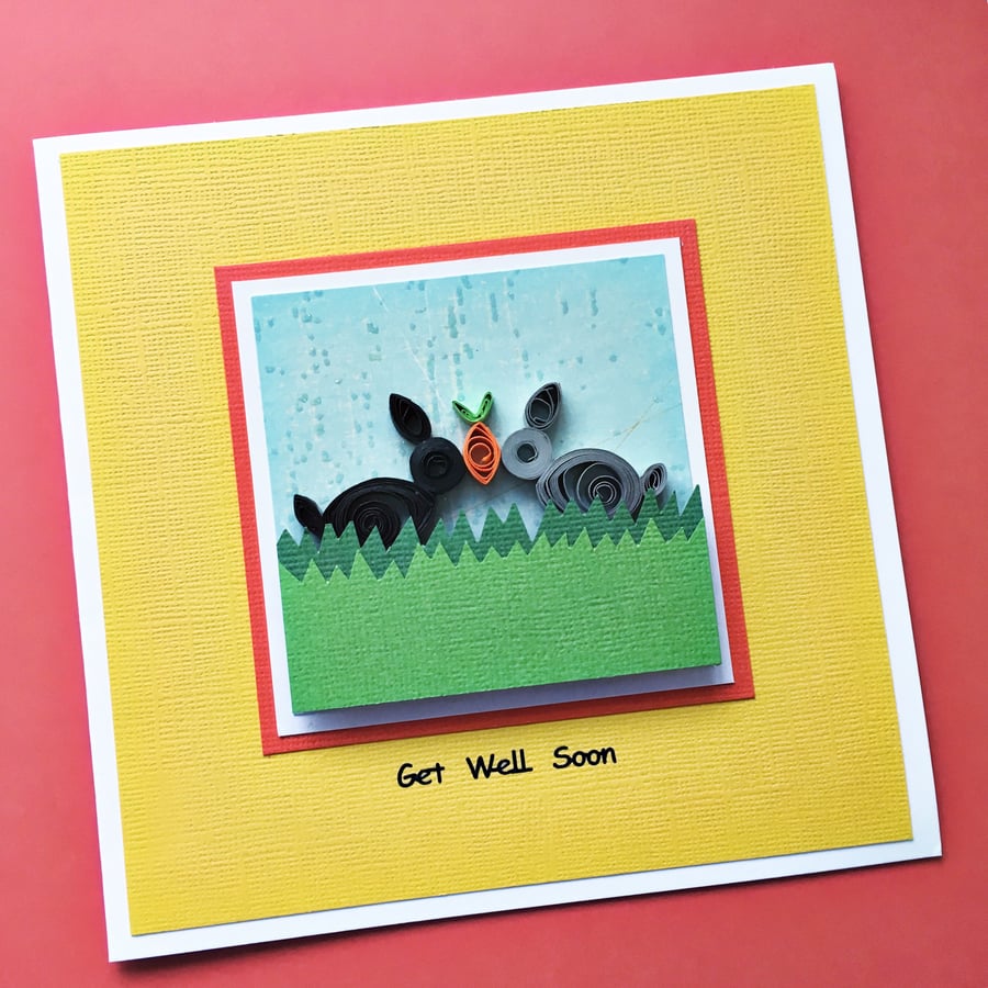Get well soon card - quilled rabbits - Folksy
