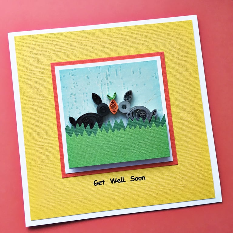 Get well soon card - quilled rabbits 