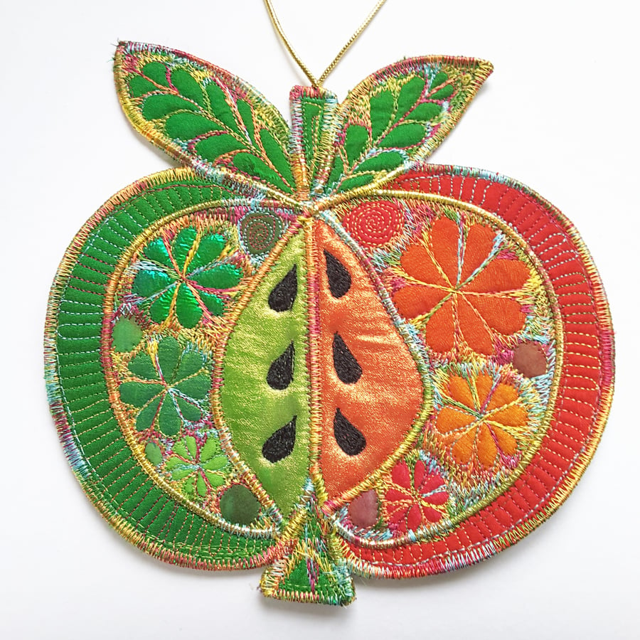 Apple Hanging Decoration with Free Machine Embroidery Hand Dyed  
