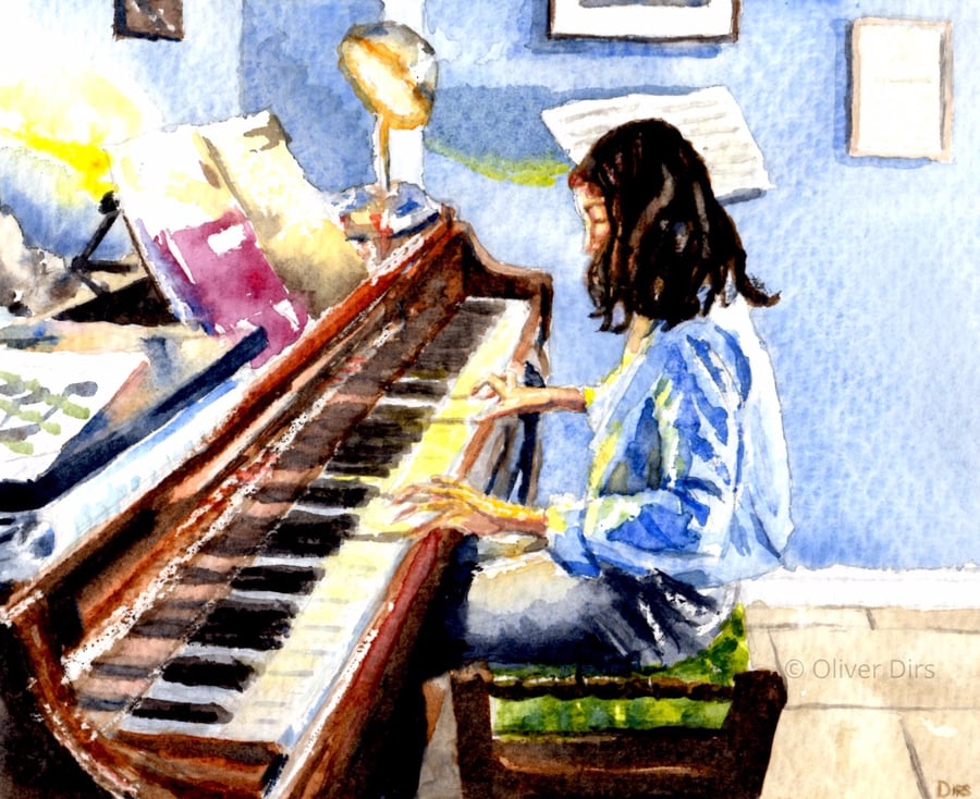 Girl at Piano – original watercolour, framed