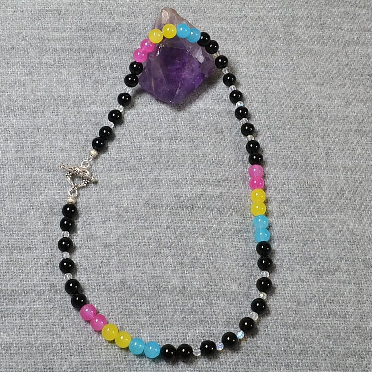 Pansexual Pride Necklace with Glass Beads and Faceted AB Crystal Accents