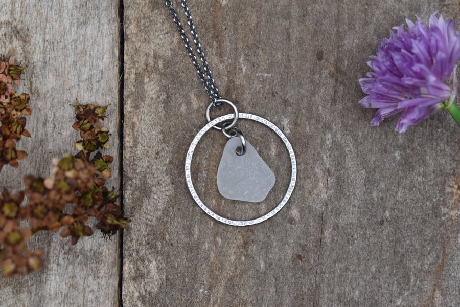 Scottish Sea Glass and Recycled Sterling Silver Necklace, Frosted White