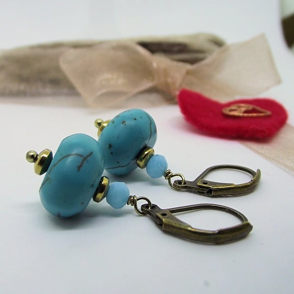 Earrings turquoise gold haematite bronze leverback