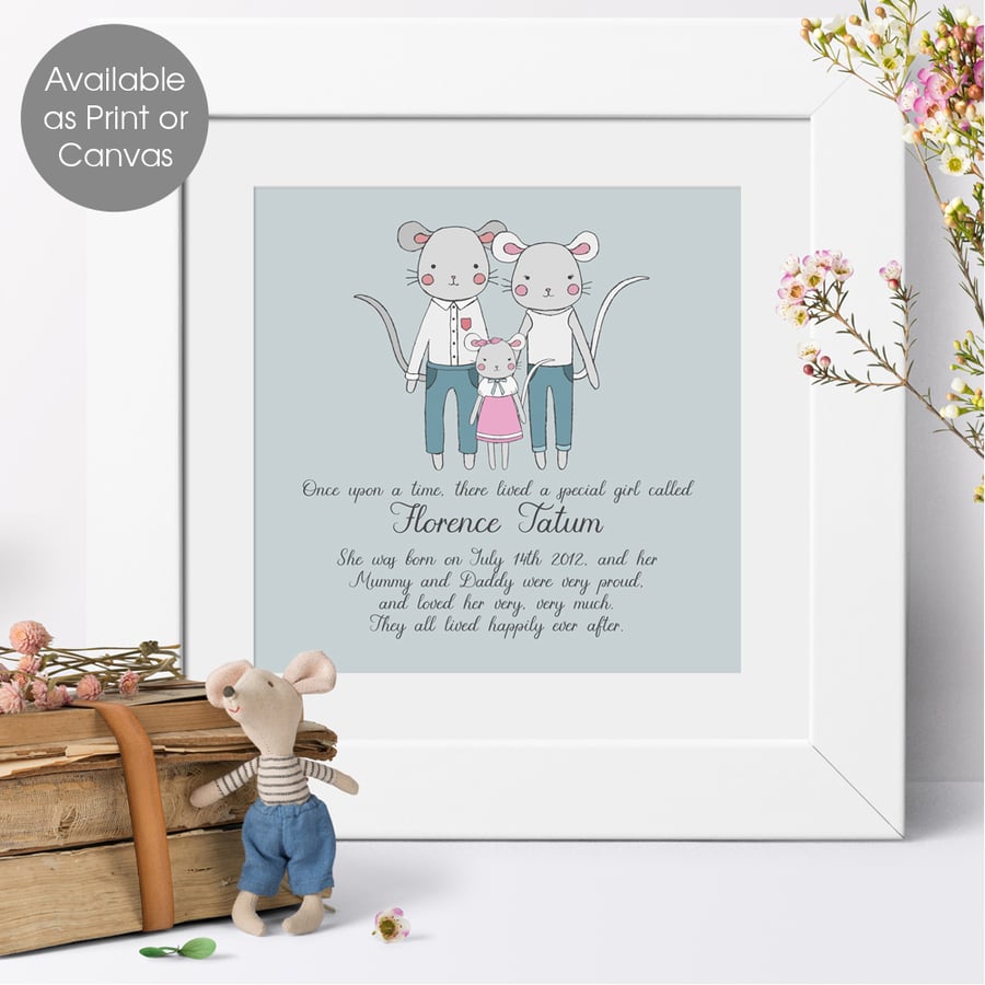 Mouse Family personalised nursery print, gift for baby