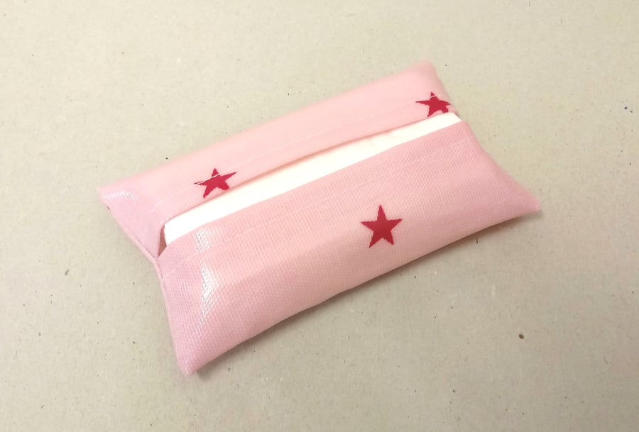 Tissue holder in pink with stars, Tissues included, oilcloth tissue pouch