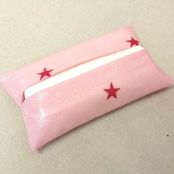 Tissue holder in pink with stars, Tissues included, oilcloth tissue pouch