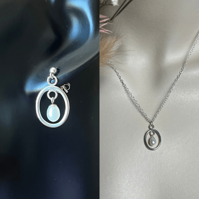 Handmade Oval Hoop Pearl Earrings & Pendant Set
