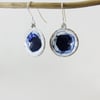 Enamel Copper Dangle Earrings with Pools of Dark Blue Enamel and Silver Edges