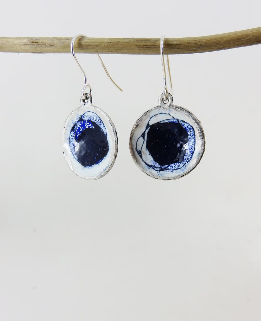 Enamel Copper Dangle Earrings with Pools of Dark Blue Enamel and Silver Edges