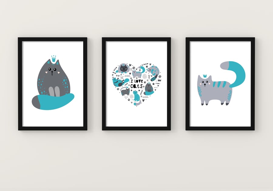 Cats wall prints, Cats wall art, teal and grey cats wall decor