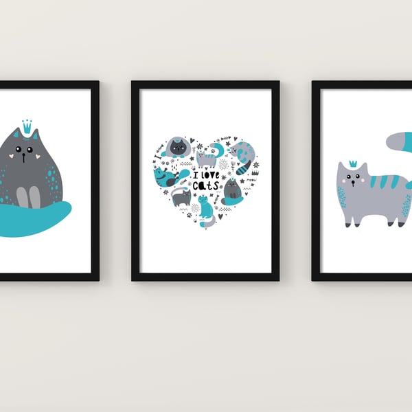 Cats wall prints, Cats wall art, teal and grey cats wall decor