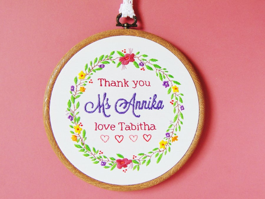 Teacher Gift, Personalised Gift For Teacher, Hand Embroidered Hoop