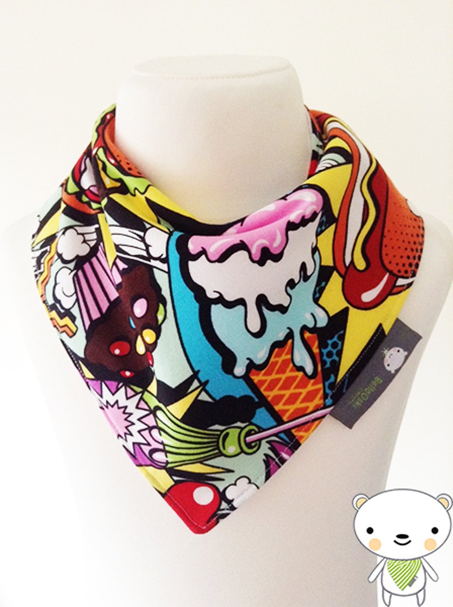 Handmade Baby Bandana Dribble Bib in MIDNIGHT SNACK FASTFOOD Fabric IDEAL GIFT