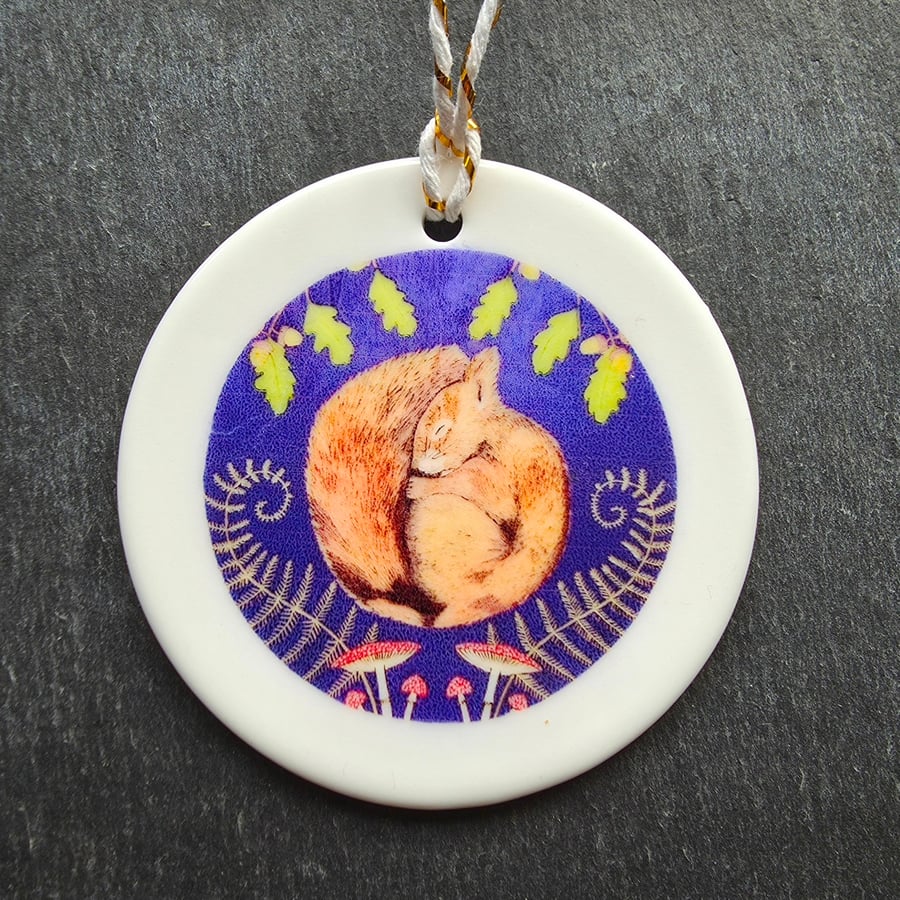 Sleeping Squirrel Ceramic Hanging Bauble 