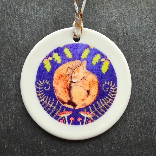 Sleeping Squirrel Ceramic Hanging Bauble 