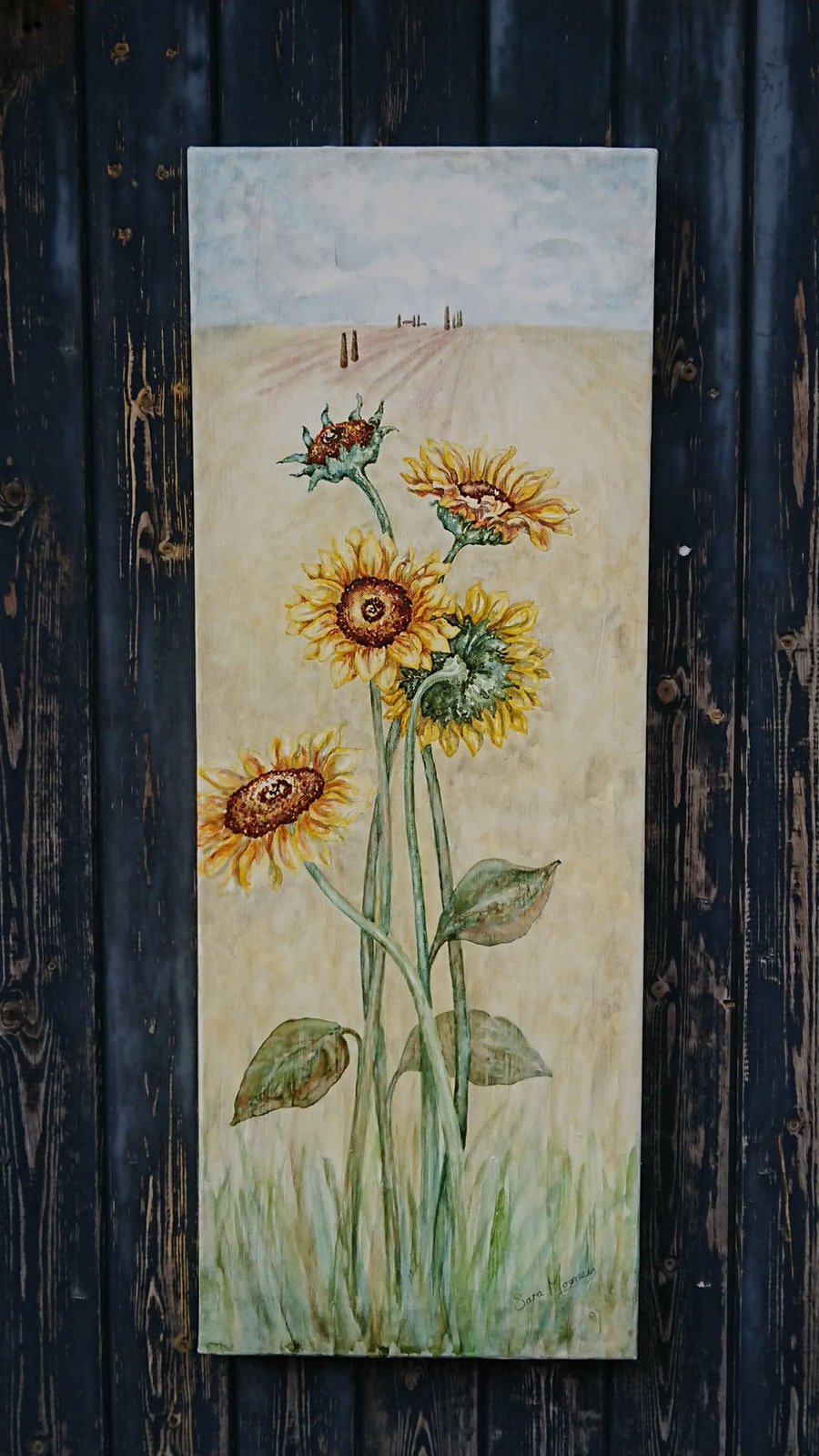Yellow sunflower painting on narrow, vertical canvas with French fields