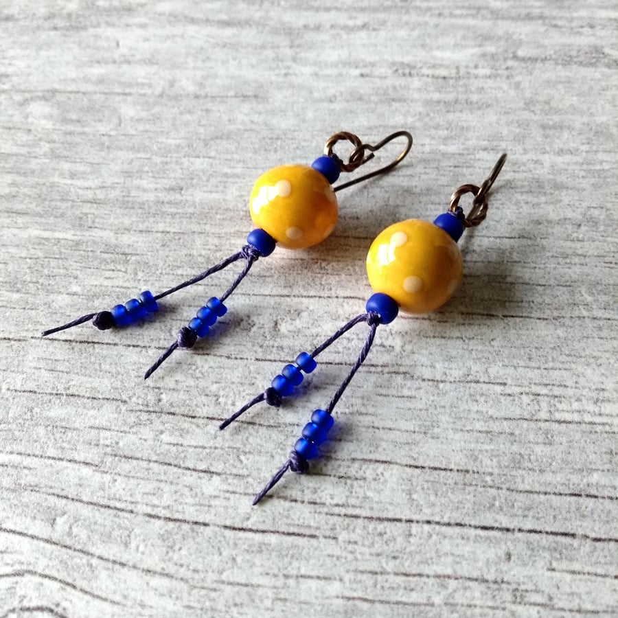 Polka Dot Ceramic Earrings in Mustard Yellow and Purple