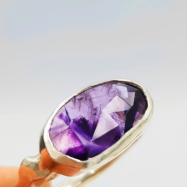 Handmade Organic Silver Ring with Trapiche Amethyst - Size N