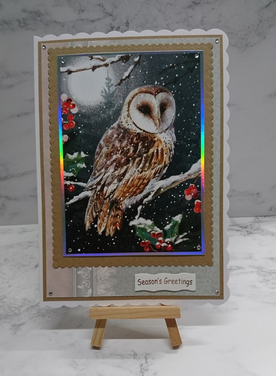 Handmade Christmas Card Cute Tawny Barn Owl Snowy Tree Holly Berries