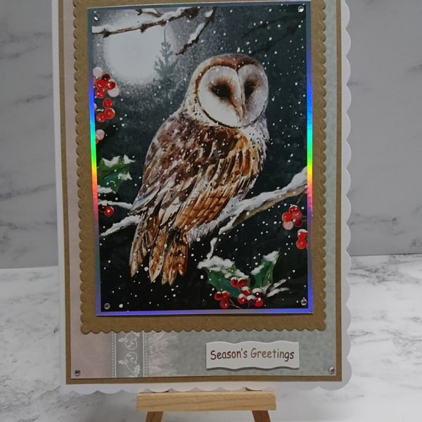 Handmade Christmas Card Cute Tawny Barn Owl Snowy Tree Holly Berries